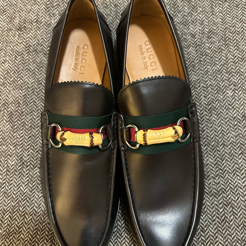Gucci Brown Leather Loafers with Bamboo Horsebit and Web. Brand new in box.